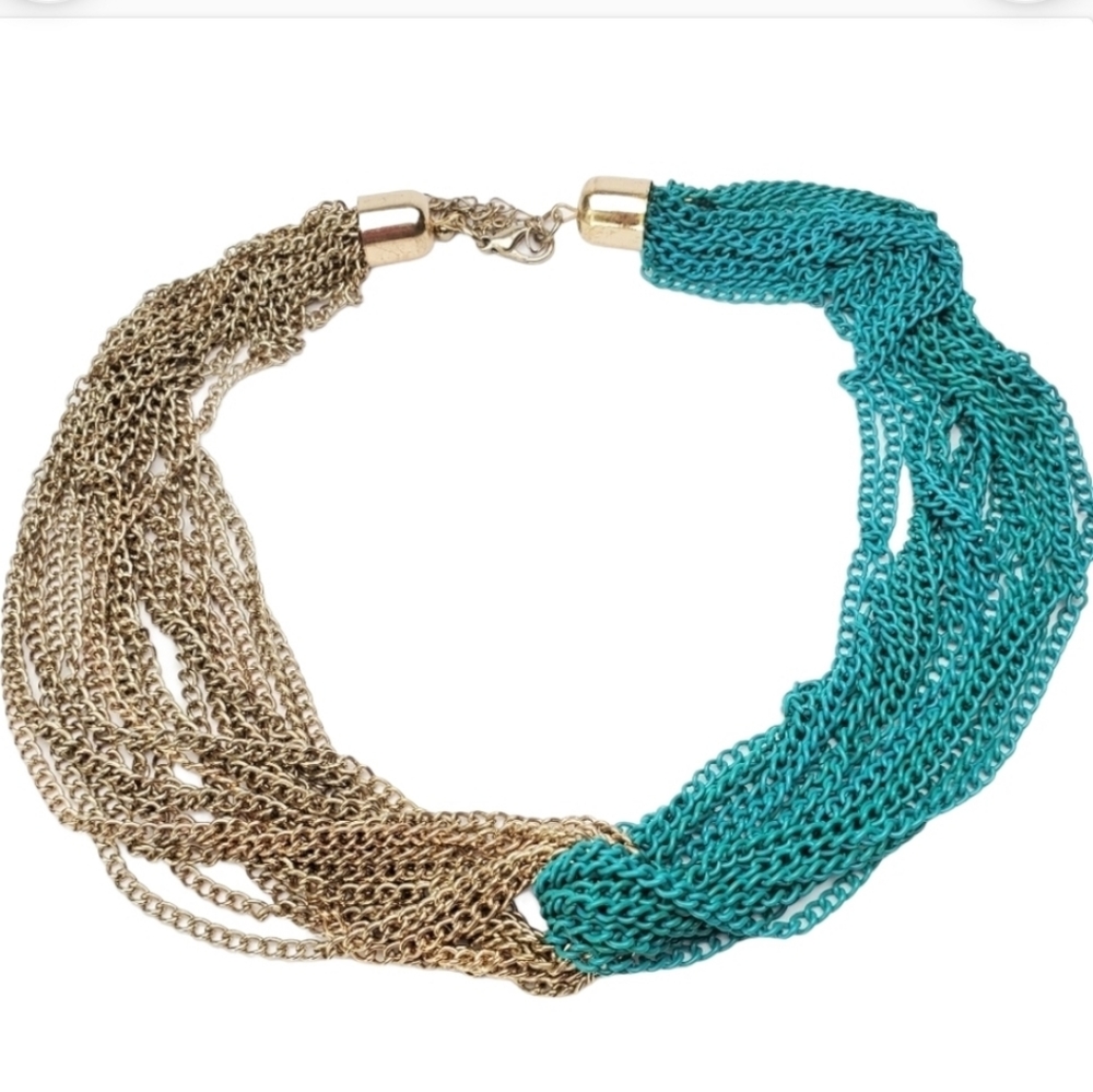 Gold Green Chain cluster Statement Necklace 18" long multi strands *